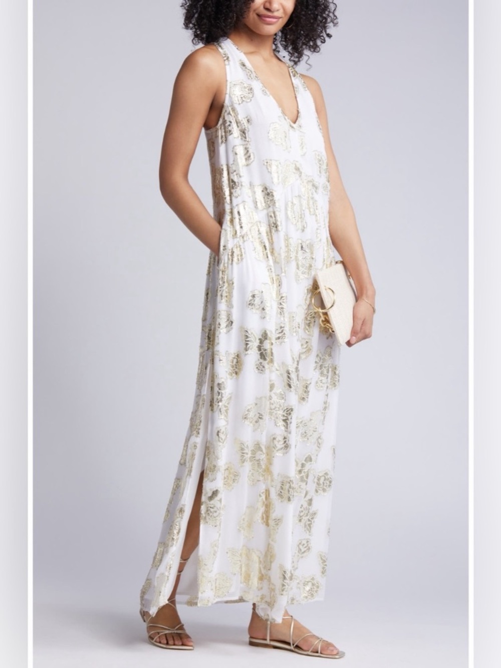 Ciebon White And Gold Floral Metallic Foil Maxi Dress Size Medium